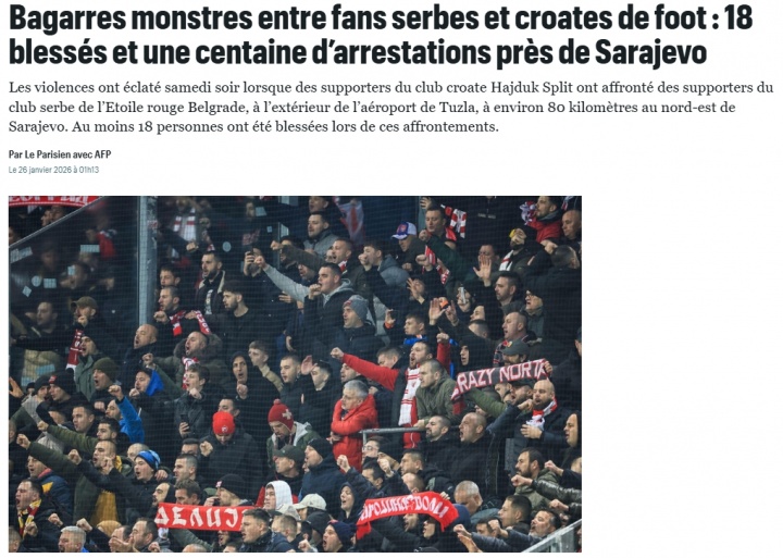 法媒：克罗地亚和塞尔维亚球迷爆发大规模冲突，93人被捕18人受伤